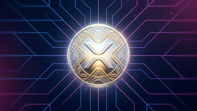XRP cryptocurrency coin illuminated against gradient background with converging grid pathways