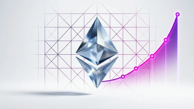 Ethereum crystal with ascending price chart projection on gradient grid background