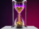 Modern hourglass with purple-magenta gradient lighting and flowing golden digital particles representing crypto regulation deadline
