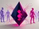 Cardano blockchain node with AI agents and magenta data streams on technical grid background