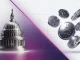 US Capitol and Bitcoin symbols with magenta gradient representing political crypto regulation debate