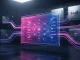 Blockchain ledger interface with glowing data streams connecting banking structures in purple and blue tones