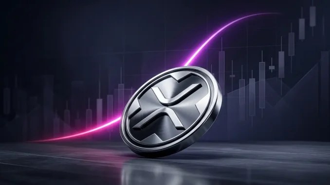 XRP token rising on a purple-magenta trading chart before an overbought pullback