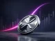 XRP token rising on a purple-magenta trading chart before an overbought pullback
