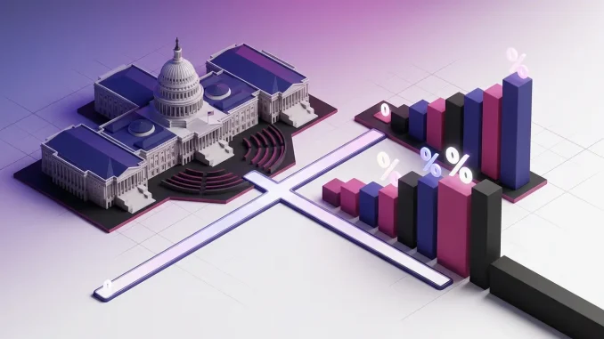 Stylized US Capitol chamber with contrasting prediction-market paths for impeachment odds