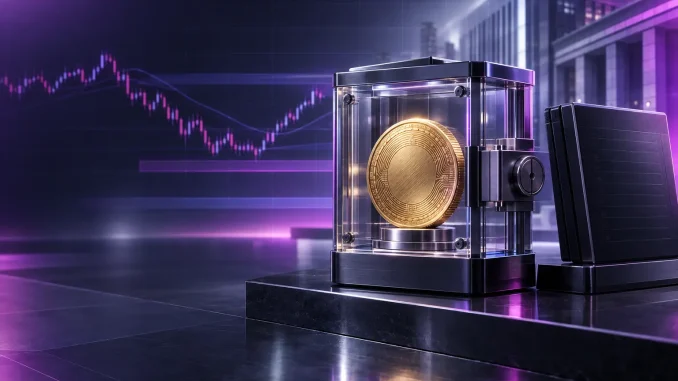 Bitcoin secured as collateral in a modern bank vault, representing institutional crypto lending and market risk.